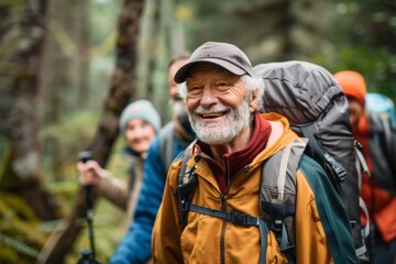 Obraz premium Three older people are smiling and posing for a photo while hiking
