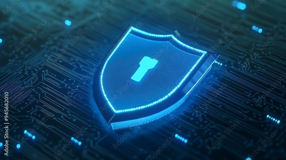 Poster glowing security shield with key icon on a digital circuit board, representing cyber protection and 