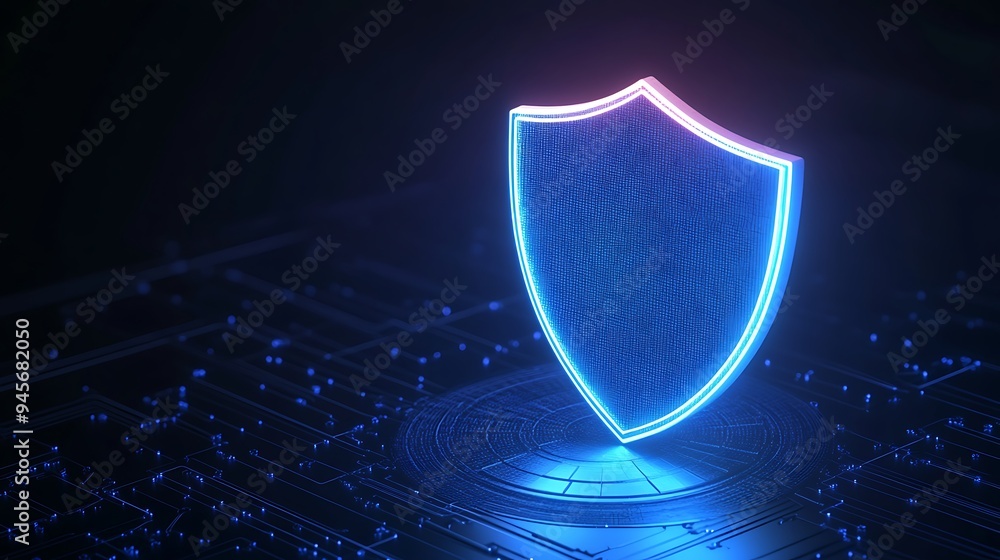 Aufkleber glowing shield hologram representing cybersecurity and digital protection on a dark background, symb