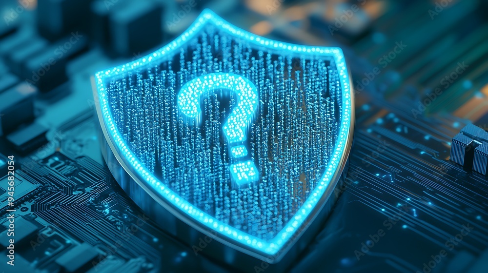 Poster Glowing shield emblem with a question mark over a circuit board backdrop, representing cybersecurity and data protection concepts.