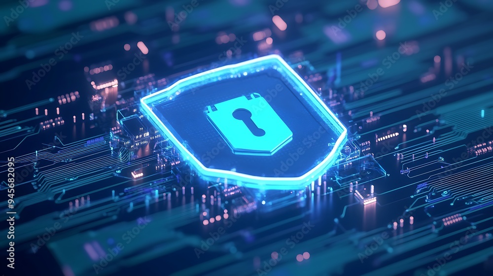 Poster Glowing shield icon on a circuit board background representing cybersecurity and data protection in digital technology.