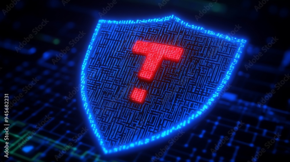 Poster glowing shield icon with a red question mark on a digital background, symbolizing cybersecurity, pro