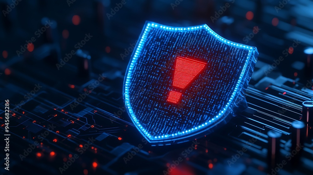 Poster glowing shield icon with exclamation mark on a circuit board, representing cybersecurity alert and d