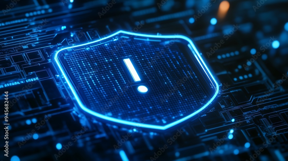 Poster glowing shield icon with exclamation mark symbolizing cybersecurity alert on futuristic digital circ