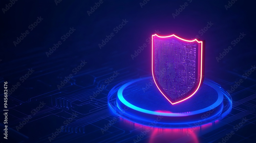 Poster glowing shield icon with neon lights representing cybersecurity and data protection on a dark tech b