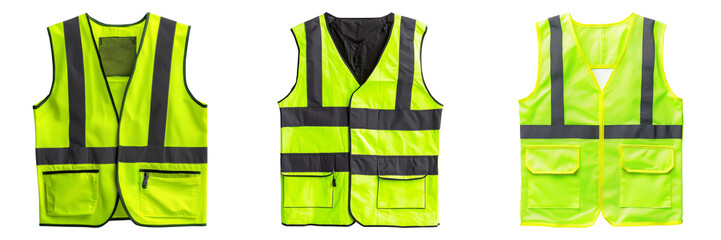 High visibility reflective safety vests in neon yellow green colors isolated on transparent background