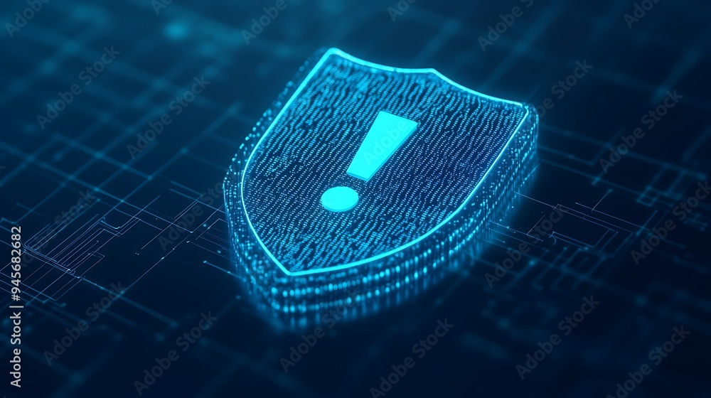 Poster glowing shield with an exclamation mark symbolizing cybersecurity alert on a digital background. pro