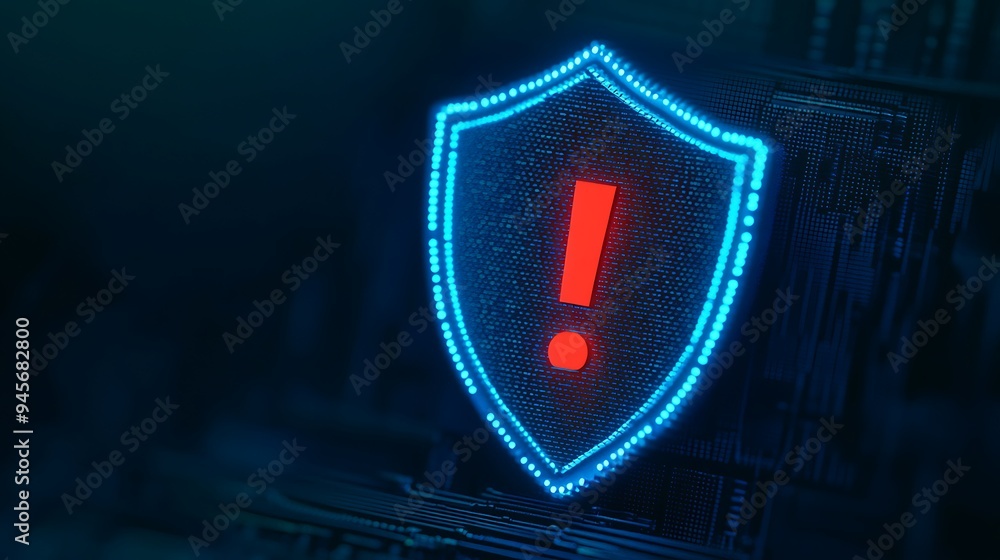 Poster glowing shield with exclamation mark symbolizing cybersecurity alert or warning in digital security 
