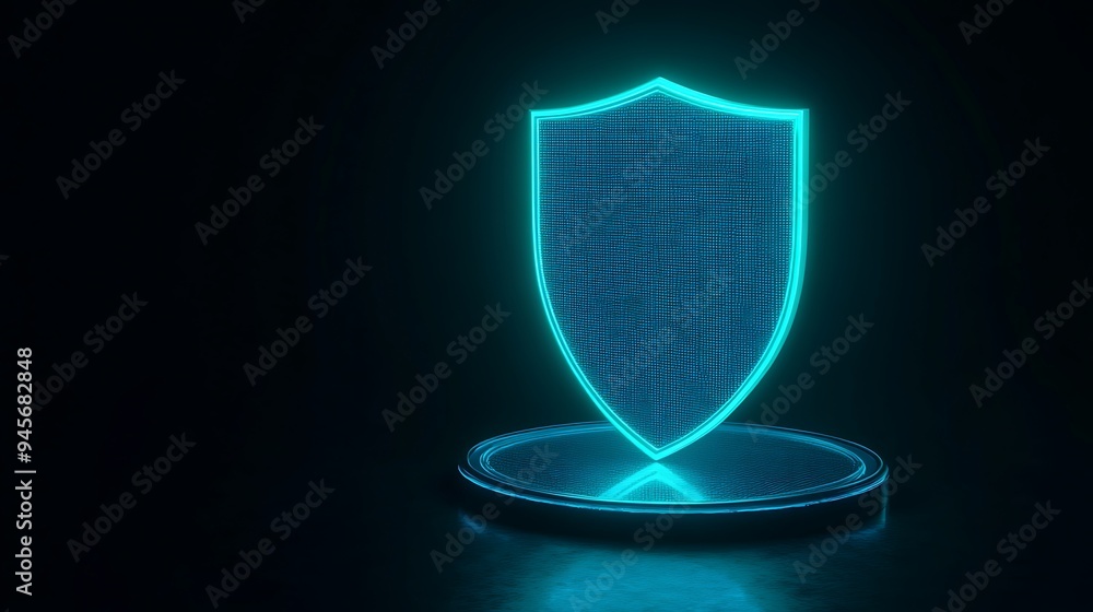 Poster glowing shield with neon light effect on dark background, symbolizing data protection and cybersecur