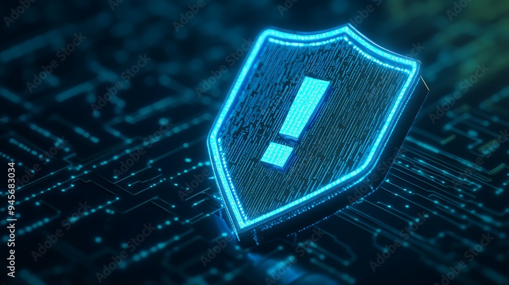 Poster high-tech digital security shield symbol with exclamation mark on a circuit board background, repres