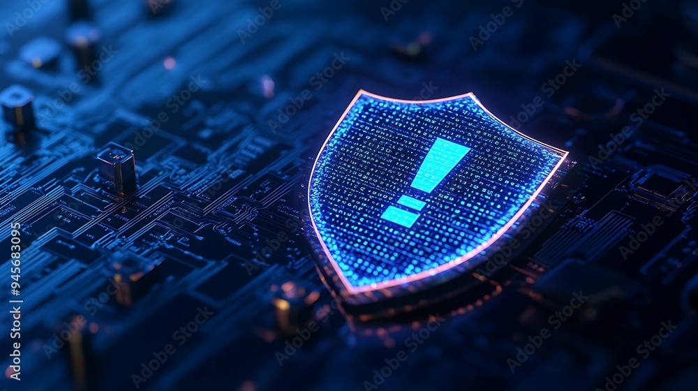 Poster High-tech digital shield with an exclamation mark symbol on a circuit board background, representing cybersecurity and data protection.