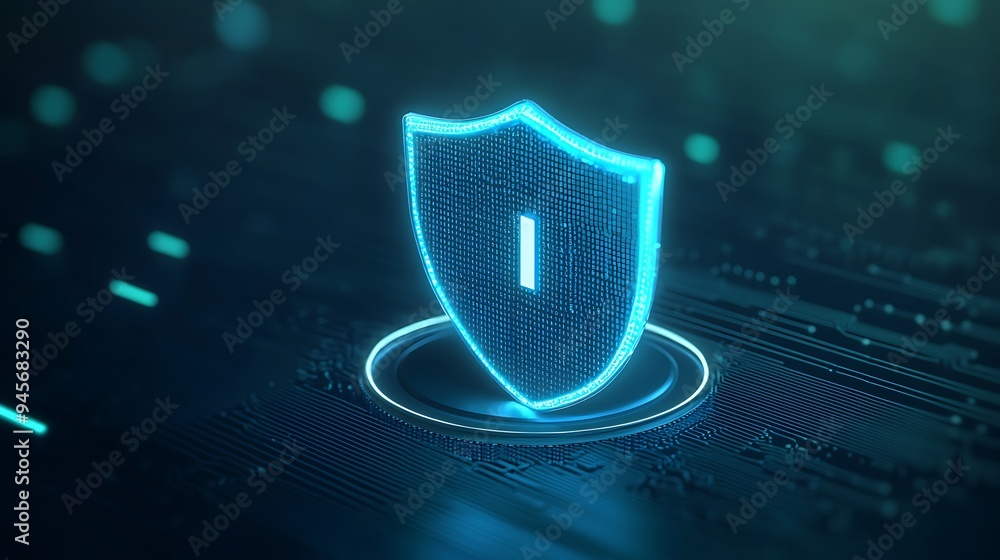 Poster illustration of a digital shield symbolizing cybersecurity and data protection in a technological en