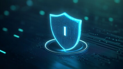 Illustration of a digital shield symbolizing cybersecurity and data protection in a technological environment. Futuristic secure network.