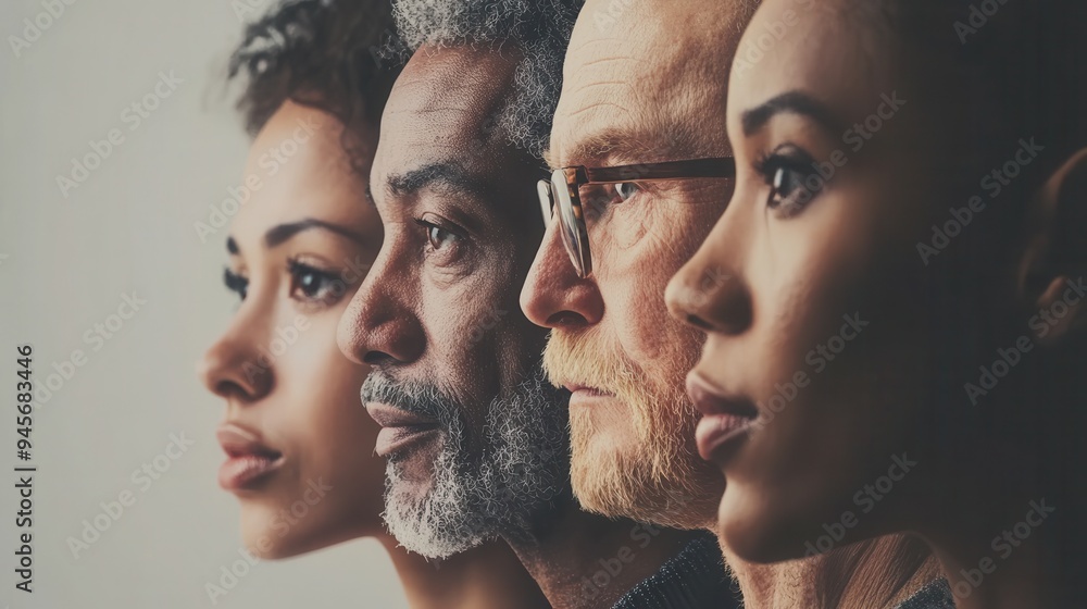 Aufkleber Four individuals with distinct ethnic backgrounds pose side by side, reflecting varying emotions and perspectives in a soft-lit indoor environment. Generative AI