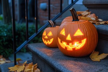 Glowing pumpkins lantern halloween.. Generative AI.