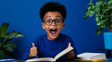 Excited Black Boy Reading Book With Thumbs Up
