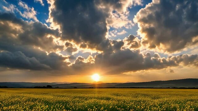 4K timelapse footage of sunrise viewed from top of mountain, sun rising from clouds horizon, golden sun with warm clouds and blue sky background.