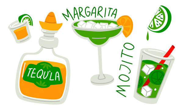 set of Margarita, Mojito, Tequila cocktails in a glass. stack with a slice of lemon, lime, hand-drawn, with ice cubes. Vector vivid illustration. Mexican refreshing green, yellow drink. With a name