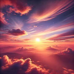 Sky during sunset. The sky is filled with shades of orange, pink and purple as the sun sets behind the mountains.