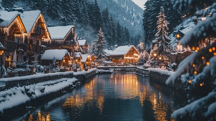 Fototapeta premium Charming snow-covered village at sunset with twinkling lights and a flowing river