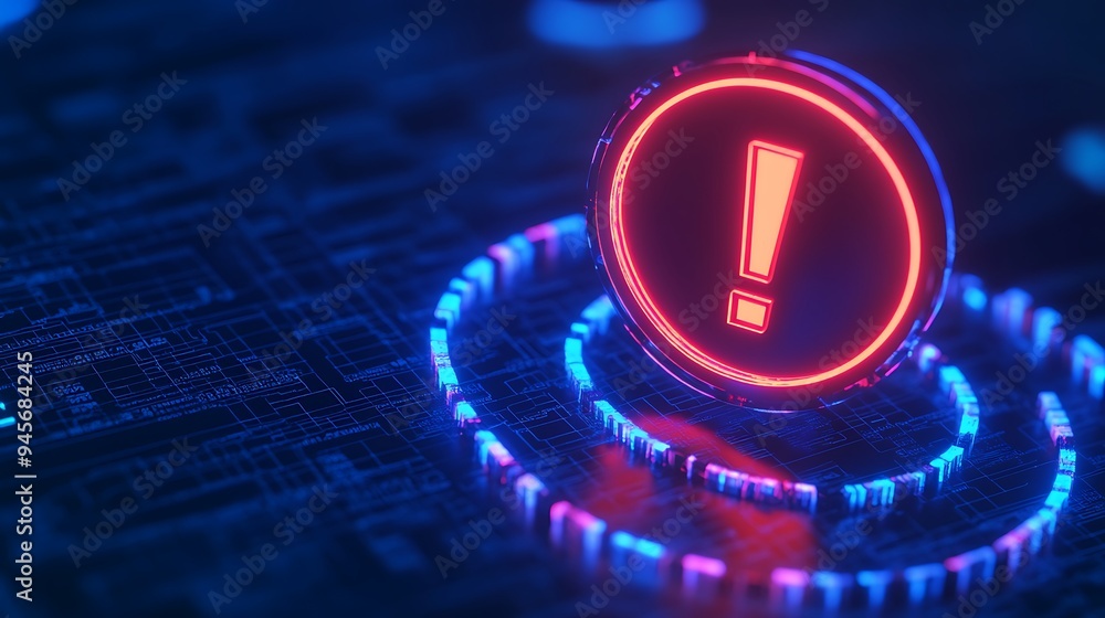 Poster neon warning sign with an exclamation mark highlighting a cybersecurity alert on a circuit board bac