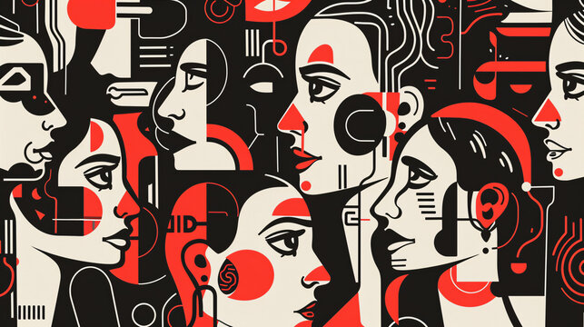 vector illustration pattern of portraits of women, red black and white head face character background patterns doodle poster outlines style comic book seamless pattern graphic
