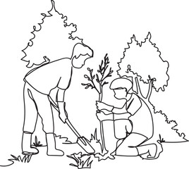 One-line art of a hand-drawn image of a person planting a tree
