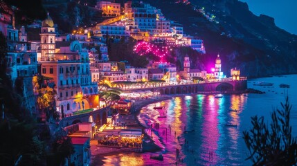 Fototapeta premium A stunning view of a coastal town illuminated by vibrant lights at night