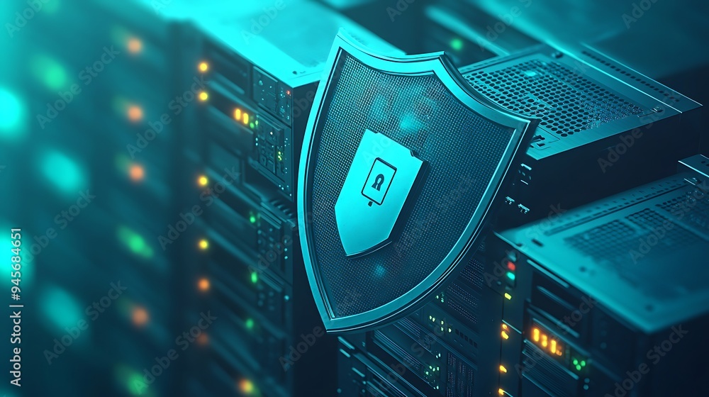 Poster secure data protection with shield icon on server racks, representing cybersecurity and safe informa