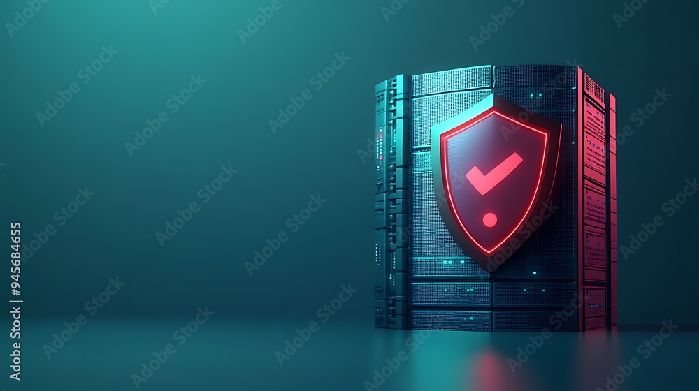 Poster secure data center with shield icon, representing cybersecurity, data protection, and server securit