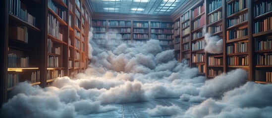 Enchanting Library with Floating Clouds and Sunlight Streaming Through Skylight, Creating a Magical and Dreamlike Atmosphere