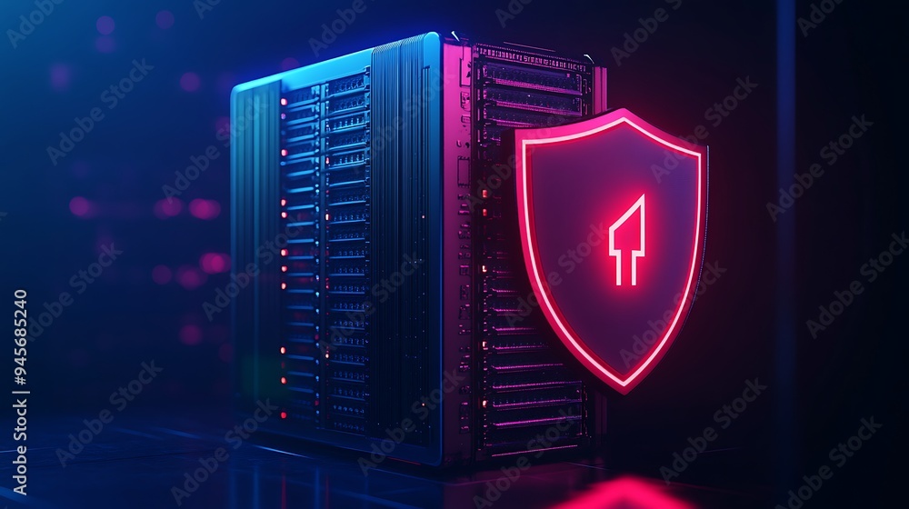 Poster secure server with neon shield icon representing data protection. cybersecurity and server safety co