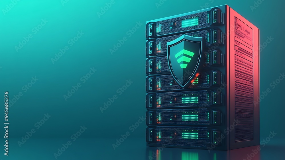 Poster security concept featuring a server rack protected by a shield icon symbolizing cybersecurity, data 