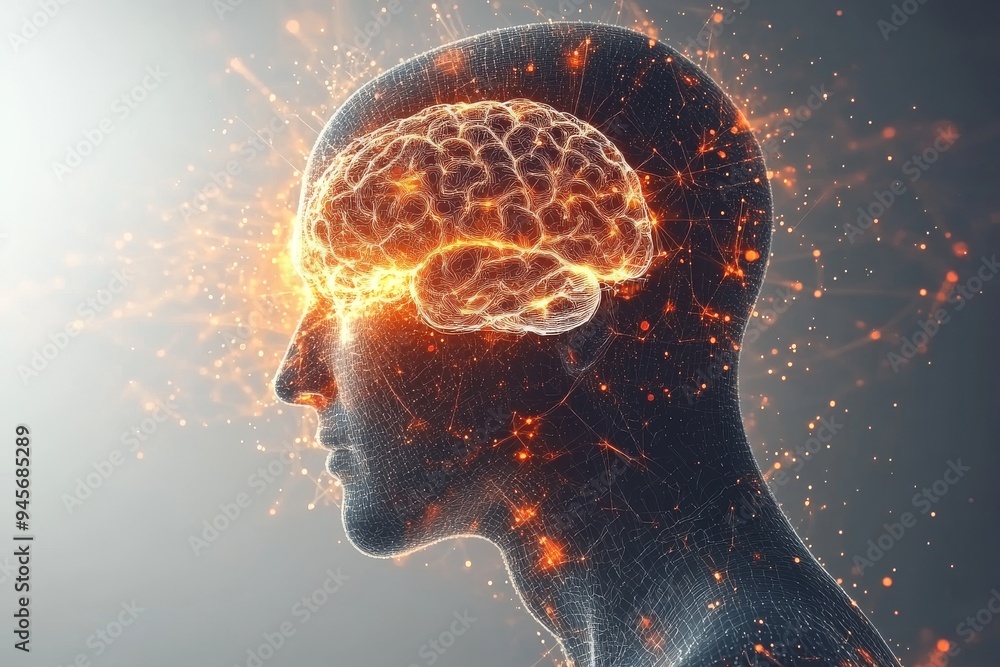 Poster Profile of a Man with Glowing Brain Illustrating the Power of Thought Cognitive Fire and Intellectual Illumination in a Dark Abstract Setting