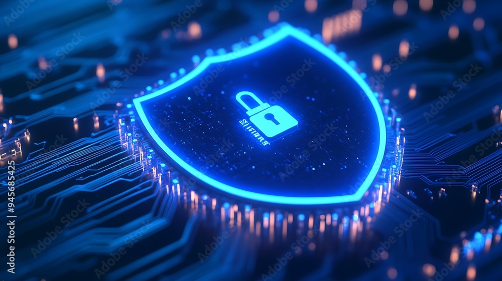 Poster shield icon with padlock symbol on a glowing circuit board, representing cybersecurity and data prot