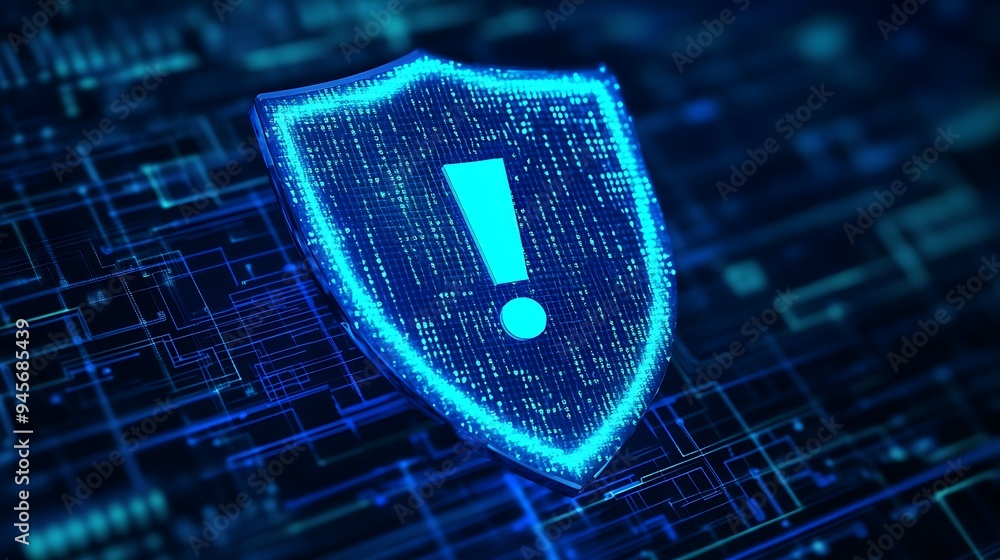 Poster shield with digital exclamation mark symbolizing cybersecurity and data protection in a futuristic d