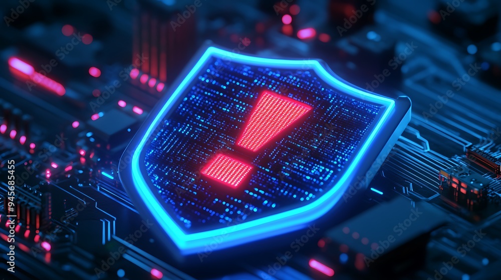 Aufkleber shield with an exclamation mark symbolizes cybersecurity and threat detection on a digital circuit b