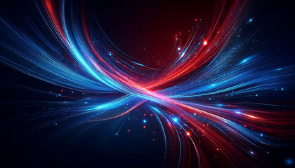 Obraz premium Abstract digital artwork featuring vibrant blue and red light trails swirling against a dark background with glowing dots that add depth and dimension to the design