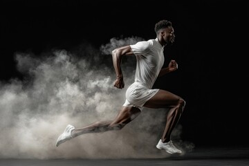 Cinematic moody light in studio against black of male high speed Athlete sprinter running through dust and smoke.