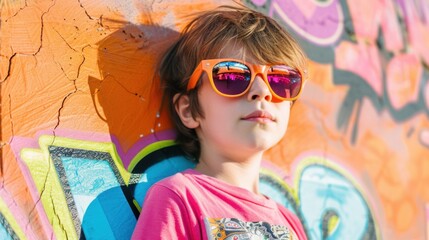 A boy in sunglasses leans against a graffiticovered wall