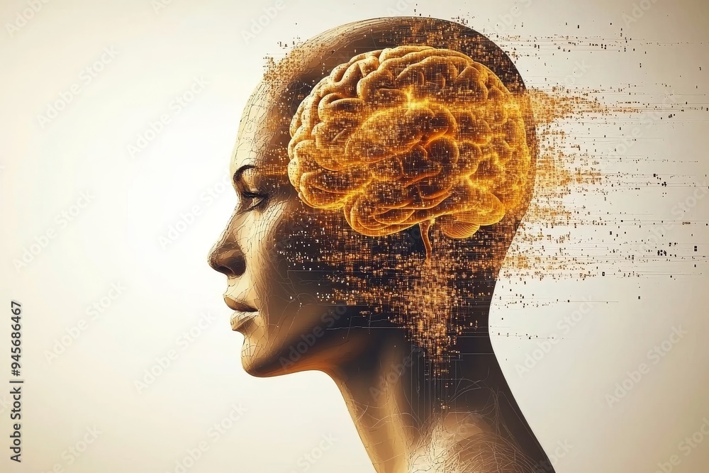Poster profile of a woman with digital brain fragmentation representing the disintegration of thought cogni