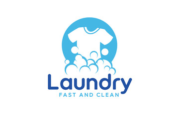 Laundry logo design template. Clothes illustration with detergent bubbles for laundry service logo