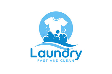 Fototapeta premium Laundry logo design template. Clothes with detergent bubbles illustration for laundry logo concept