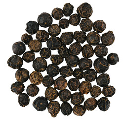 Handful of black pepper seeds isolated on a transparent background. Top view.