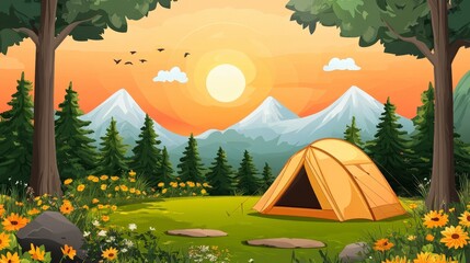 A serene camping scene with a tent set against a sunset backdrop and mountains.