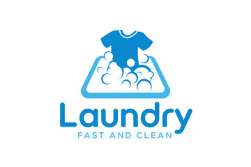 Laundry logo design template. Clothes illustration with detergent bubbles for laundry service logo