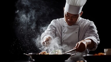 A seasoned chef expertly crafts culinary delights in a steaming pan against a sleek black backdrop. This evocative image captures the essence of fine dining and hospitality