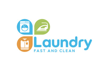 Creative laundry service logo template. Washing machine, iron, and folded clothes icon