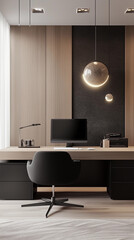 Luxury office workspace blank computer desktop screen mockup modern minimalist design sleek black and wood accents pendant lighting executive desk professional corporate environment