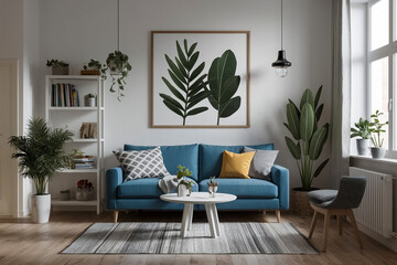 Photo of a living  room with minimal art and indoor plants
